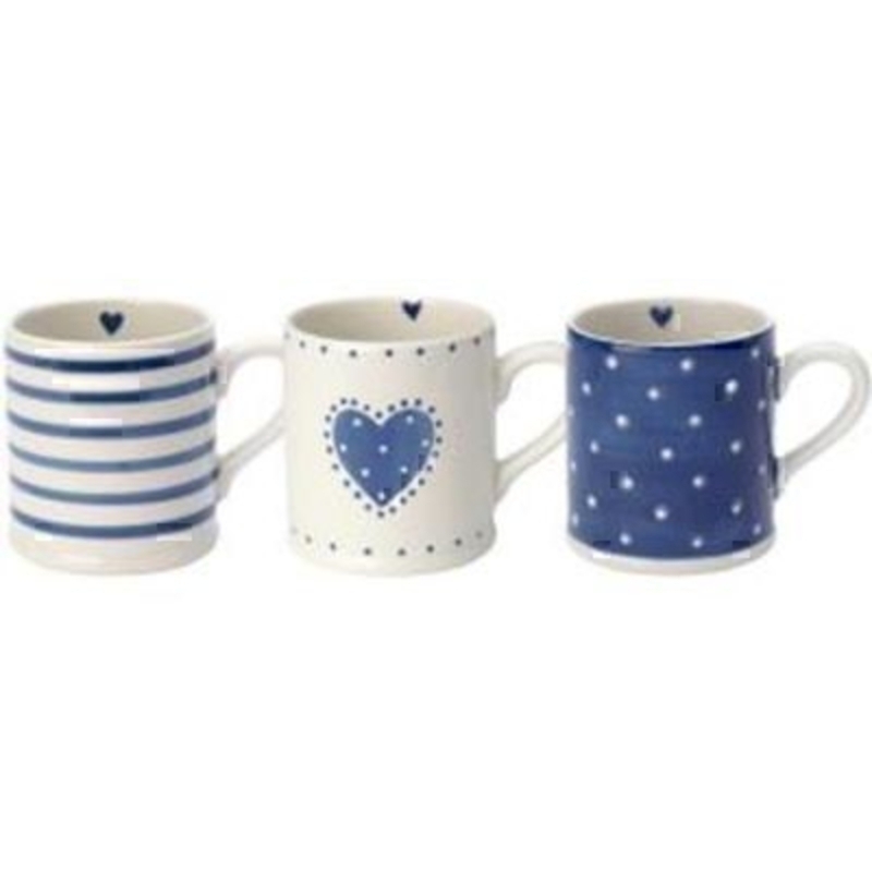 Choice of Blue and White Patterned Mugs by Transomnia. Gorgeous shabby chic style mugs in a choice of blue and white design. All mugs feature a little blue heart on the inside of the mug. Choose from White with blue stripes, a Blue Heart or Blue with white polka dots. If preference, please state Stripes, Heart or Dots when ordering. Size: 9 x 12 x 8.4cm